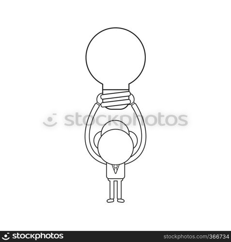 Vector illustration concept of businessman character holding up light bulb. Black outline.