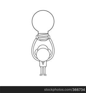 Vector illustration concept of businessman character holding up light bulb. Black outline.
