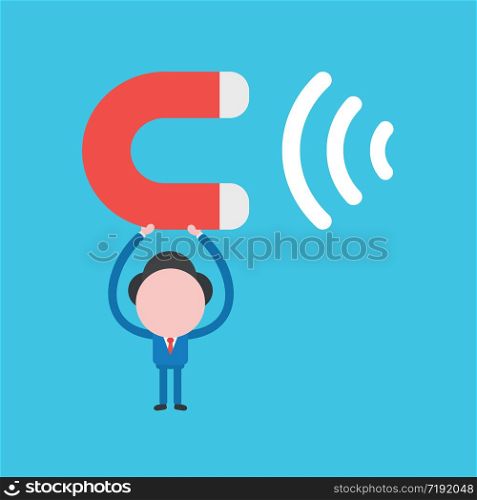 Vector illustration concept of businessman character holding up magnet attracting. Blue background.