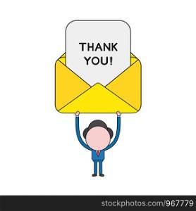Vector illustration concept of businessman character holding up mail envelope with thank you paper. Color and black outlines.