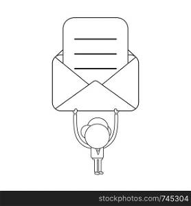 Vector illustration concept of businessman character holding up mail envelope with written paper. Black outline.