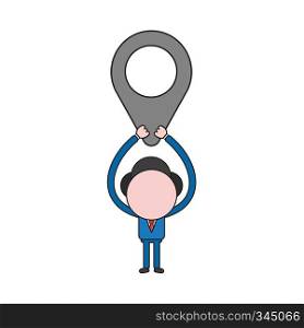 Vector illustration concept of businessman character holding up map pointer. Color and black outlines.
