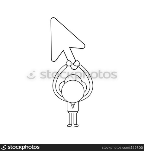 Vector illustration concept of businessman character holding up mouse cursor. Black outline.