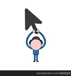 Vector illustration concept of businessman character holding up mouse cursor. Color and black outlines.