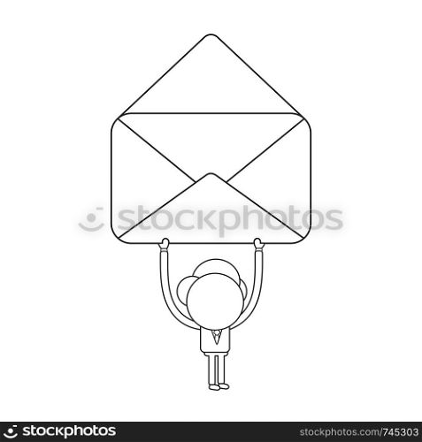 Vector illustration concept of businessman character holding up opened mail envelope. Black outline.