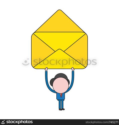 Vector illustration concept of businessman character holding up opened mail envelope. Color and black outlines.