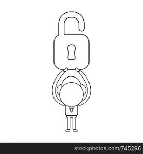 Vector illustration concept of businessman character holding up opened padlock. Black outline.
