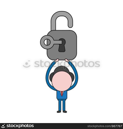 Vector illustration concept of businessman character holding up opened padlock with key. Color and black outlines.