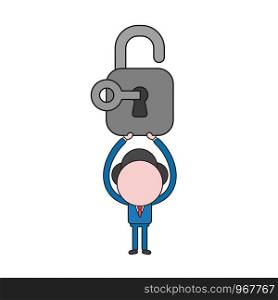 Vector illustration concept of businessman character holding up opened padlock with key. Color and black outlines.