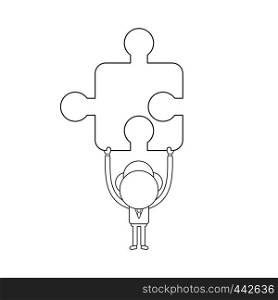 Vector illustration concept of businessman character holding up puzzle piece. Black outline.