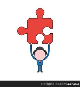 Vector illustration concept of businessman character holding up puzzle piece. Color and black outlines.