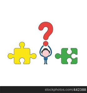 Vector illustration concept of businessman character holding up question mark between incompatible puzzle pieces. Color and black outlines.