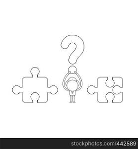 Vector illustration concept of businessman character holding up question mark between incompatible puzzle pieces. Black outline.