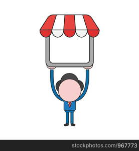 Vector illustration concept of businessman character holding up shop store. Color and black outlines.