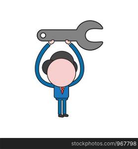 Vector illustration concept of businessman character holding up spanner. Color and black outlines.