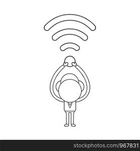 Vector illustration concept of businessman character holding up with wireless wifi symbol. Black outline.