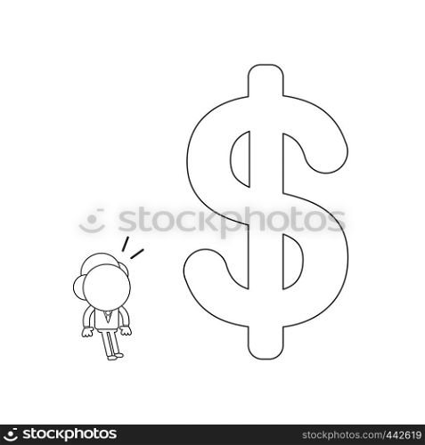 Vector illustration concept of businessman character looking big dollar symbol. Black outline.