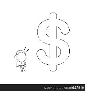 Vector illustration concept of businessman character looking big dollar symbol. Black outline.