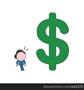 Vector illustration concept of businessman character looking big dollar symbol. Color and black outlines.