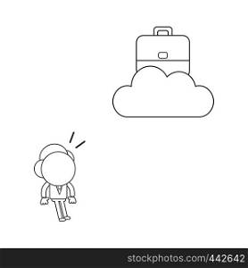 Vector illustration concept of businessman character looking briefcase on cloud. Black outline.
