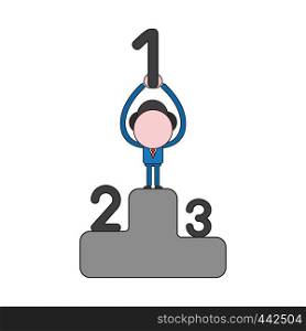 Vector illustration concept of businessman character on first place on winners podium and holding up number one. Color and black outlines.