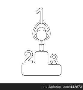 Vector illustration concept of businessman character on first place on winners podium and holding up number one. Black outline.