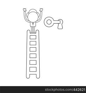 Vector illustration concept of businessman character on top of ladder and unlock keyhole. Black outline.