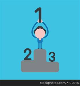 Vector illustration concept of businessman character on winners podium, first place and holding up number one icon. Blue background.
