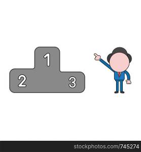 Vector illustration concept of businessman character pointing first place of winners podium. Color and black outlines.
