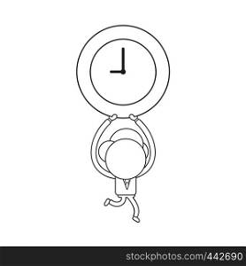 Vector illustration concept of businessman character running and carrying clock. Black outline.