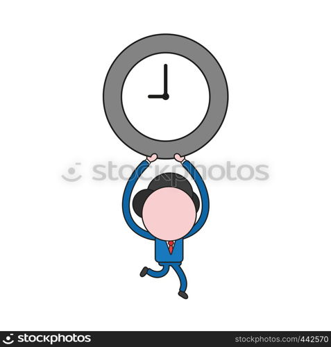 Vector illustration concept of businessman character running and carrying clock. Color and black outlines.