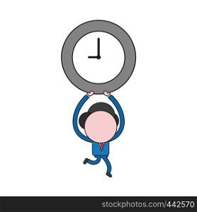 Vector illustration concept of businessman character running and carrying clock. Color and black outlines.