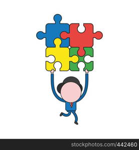 Vector illustration concept of businessman character running and carrying four connected jigsaw puzzle pieces. Color and black outlines.