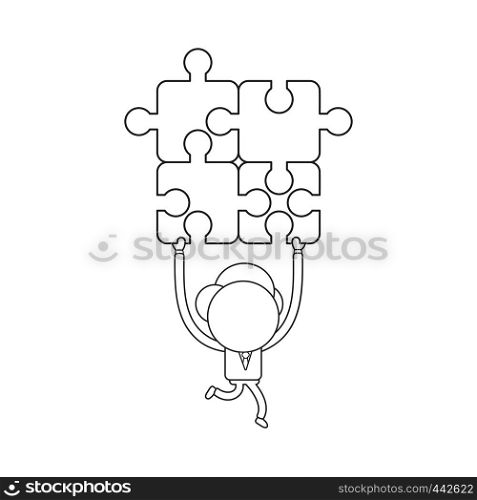 Vector illustration concept of businessman character running and carrying four connected jigsaw puzzle pieces. Black outline.