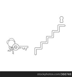 Vector illustration concept of businessman character running and carrying key to keyhole at top of stairs. Black outline.