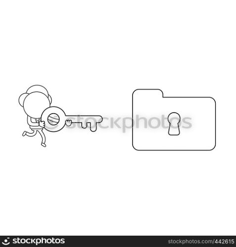 Vector illustration concept of businessman character running and carrying keyhole to lock or unlock file folder. Black outline.