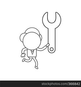 Vector illustration concept of businessman character running and carrying spanner. Black outline.