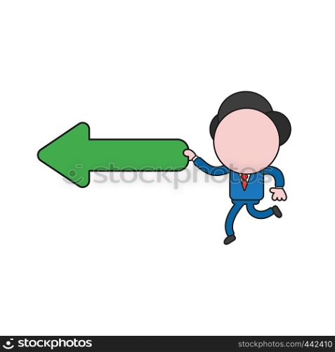Vector illustration concept of businessman character running and holding arrow pointing left. Color and black outlines.