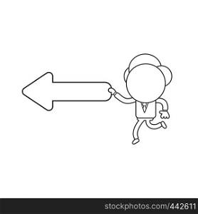 Vector illustration concept of businessman character running and holding arrow pointing left. Black outline.