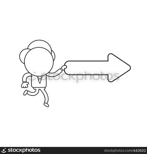 Vector illustration concept of businessman character running and holding arrow pointing right. Black outline.