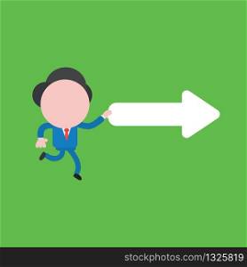 Vector illustration concept of businessman character running and holding right arrow. Green background.