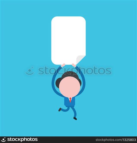 Vector illustration concept of businessman character running and holding up blank paper. Blue background.