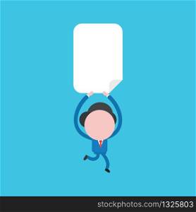 Vector illustration concept of businessman character running and holding up blank paper. Blue background.
