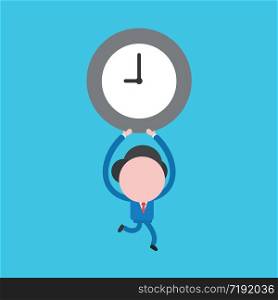 Vector illustration concept of businessman character running and holding up clock time. Blue background.