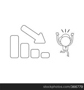 Vector illustration concept of businessman character running away fom sales bar graph moving down. Black outline.