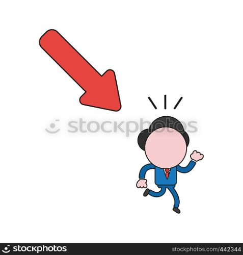 Vector illustration concept of businessman character running away from arrow moving down. Color and black outlines.
