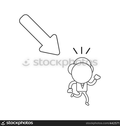 Vector illustration concept of businessman character running away from arrow moving down. Black outline.