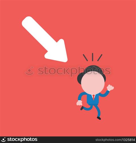 Vector illustration concept of businessman character running away from arrow moving down. Red background.