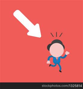 Vector illustration concept of businessman character running away from arrow moving down. Red background.
