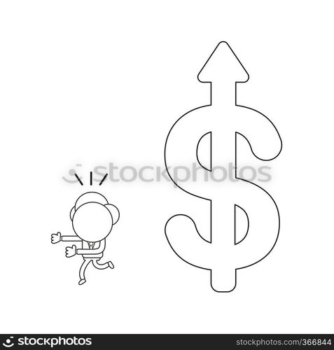 Vector illustration concept of businessman character running away from big dollar symbol and arrow moving up. Black outline.